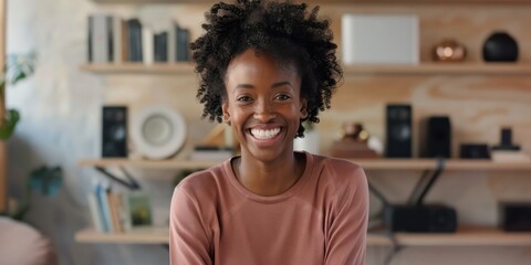Fototapeta premium Presenter in a modern minimalist studio for online, smiles, presents
