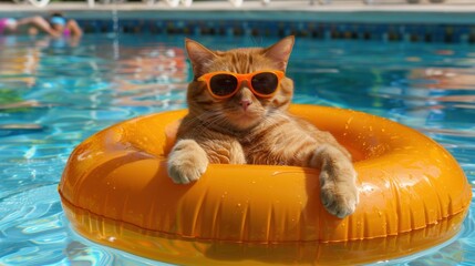 A cat wearing sunglasses in a swimming pool with an orange float. AI.