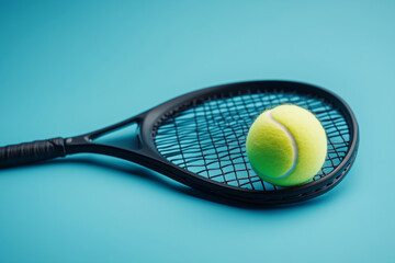 A Black Paddle Tennis Racket and Bright Yellow Ball on an Aquamarine Background Ready for Play