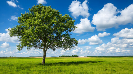 Obraz premium Sole Tree in Foreground of Serene Landscape with Distant Hospice, Symbolizing Calm and End-of-Life Solace