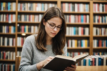 Young woman reading book in bookstore