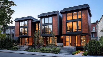 Obraz premium Townhouse exterior is modern with clean lines. big window and simple design Architectural details emphasize contemporary urban living.