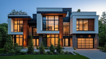 Fototapeta premium Townhouse exterior is modern with clean lines. big window and simple design Architectural details emphasize contemporary urban living.