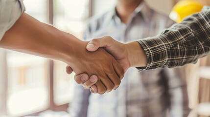 Two individuals shake hands in a partnership agreement, showcasing collaboration and trust in a professional environment.