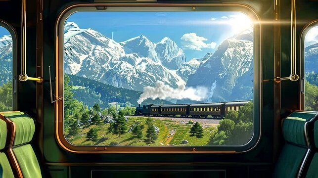 Scenic Train Journey with a View of Snowy Mountains Through a Window. Seamless looping time-lapse 4k video animation background