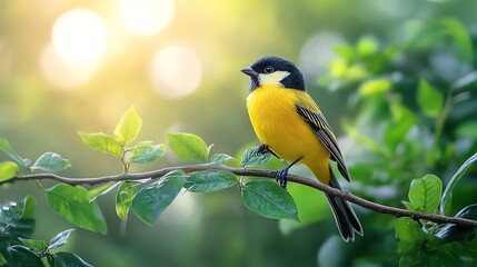 Fototapeta premium A yellow and black bird perches on a branch, bathed in soft sunlight.