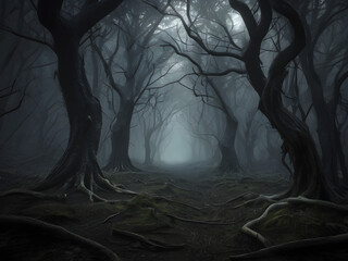 dark forest in the night,halloween night scene with moon,full moon over dark spooky forest at night