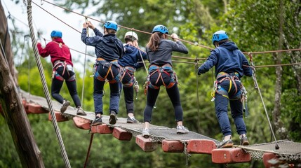A vibrant scene in an outdoor adventure park where a group of university students are participating in a team-building activity, climbing ropes, crossing obstacles, and cheering each other on, the