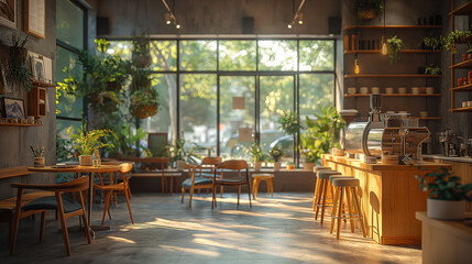Fototapeta premium Cafe design counter and seating area Minimalist interior design wood and wooden floor with coffee machine, relaxation atmosphere