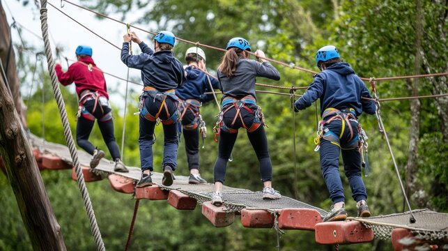 A vibrant scene in an outdoor adventure park where a group of university students are participating in a team-building activity, climbing ropes, crossing obstacles, and cheering each other on, the