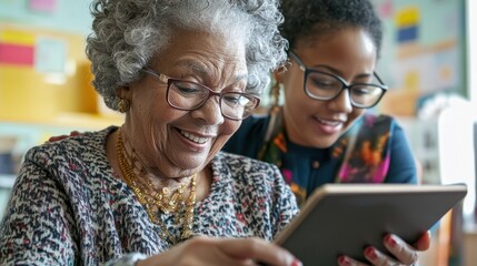 A senior citizen using a tablet in a technology class, with the help of a younger instructor, smiling as they learn new digital skills, representing the inclusivity and accessibility of modern