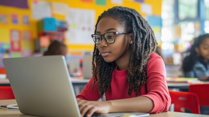 A young African American teacher working on a laptop in a modern classroom, surrounded by educational materials and digital tools, demonstrating the integration of technology in teaching and the