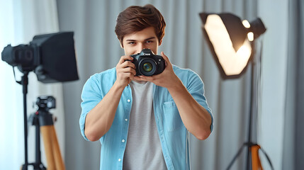 Photographer Holding Camera in Studio - Photo