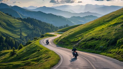 Fototapeta premium motorcycle traveling on roads with views of mountains on a sunny day