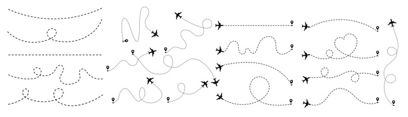 Dotted airplane trajectories cartoon illustration set. path or way of plane, aircraft of jet in shape of heart, line or circles with destination point or location mark. travel, distance, route concept