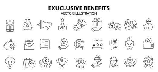 Exclusive benefit icons loyalty program line icon set with star diamond vip client gift voucher.