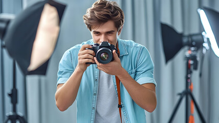 Photographer Taking Picture with DSLR Camera in Studio Photo