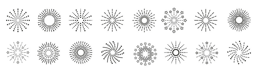 Firework icon. line sparkle explosion. set of burst stars and sparks. happy new year shiny symbol. outline birthday party elements isolated on white background. vector illustration.