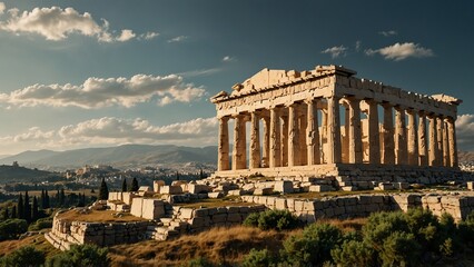 Fototapeta premium The Acropolis of ancient Greece, with the Parthenon shining in the sunlight. The surroundings are filled with green olive trees and hills, and a few white clouds float in the sky.