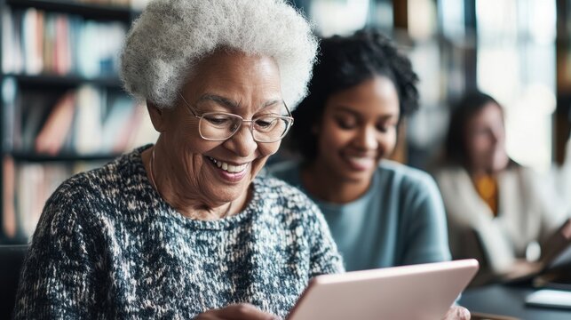 A senior citizen using a tablet in a technology class, with the help of a younger instructor, smiling as they learn new digital skills, representing the inclusivity and accessibility of modern