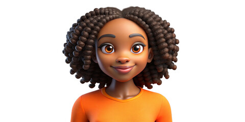 Slightly smiling African cartoon character young woman female person wearing orange top in 3d style design on light background. Human people feelings expression concept