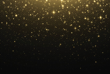 Golden confetti and glitter texture on a black background.