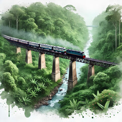 Fototapeta premium Vector,Train,on,the,bridge,in,the,jungle,forest