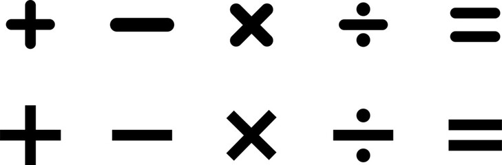 Basic mathematical symbol. Plus and minus icon set. Math symbol. Multiply icon. Equals symbol, division symbol, Calculator button, business finance concept in vector on transparent background.