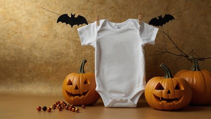 White baby bodysuit mockup with halloween decor on gold background. Autumn, halloween and thanksgiving concept