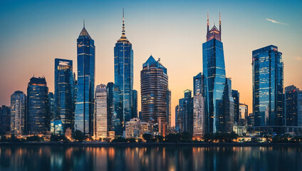 Obraz premium Urban cityscape with modern skyscrapers reflecting evening lights over calm water.