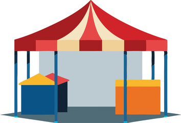 Obraz premium A vibrant market stall featuring a striped canopy and brightly colored display boxes, inviting customers to explore.