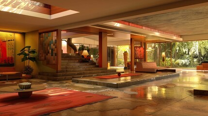 Usonian Architecture Environment. AI generated art illustration.