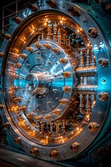 Fototapeta premium Secure bank vault with armored door, gold bullion, and compartments for precious gemstones