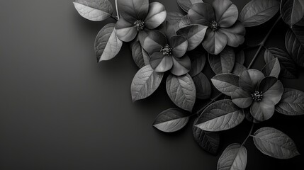 A sophisticated black background wallpaper with a bunch of leaves and flowers, perfect for creating refined copy space