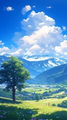 Obraz premium Enchanting Alpine Winter Wonderland: Anime-Style Snowy Mountain Paradise. Dreamy 4K Digital Art Blending Serene Nature and Magical Scenery, Perfect for Holiday Marketing, Tourism Promotion, and Season