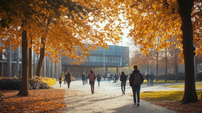 A vibrant and dynamic university campus during autumn, with students walking, chatting, and studying, capturing the essence of academic life and the pursuit of knowledge