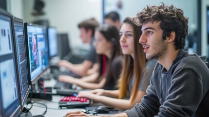 A group of university students collaborating on a project in a well-equipped computer lab, surrounded by screens and technical equipment, showcasing the innovative and collaborative nature of higher