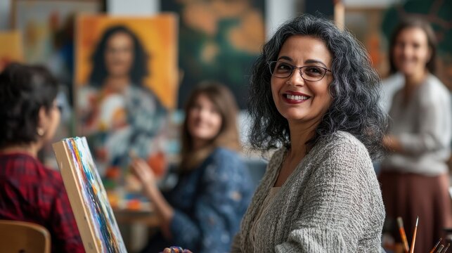 A group of adults participating in a creative art class, with canvases, paints, and a focused instructor, highlighting the joy of learning new skills and the communal aspect of education