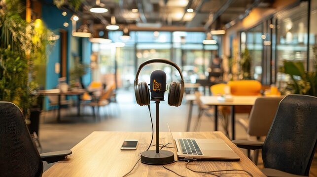 Record a podcast episode in a modern coworking space, with lively decor and a collaborative atmosphere.