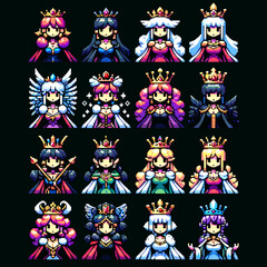 Fototapeta premium Pixel Art RPG Queens Icon Set
