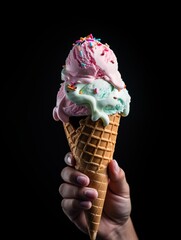 Midnight Cravings: Handheld Ice Cream Cone with Sprinkles on Black Background