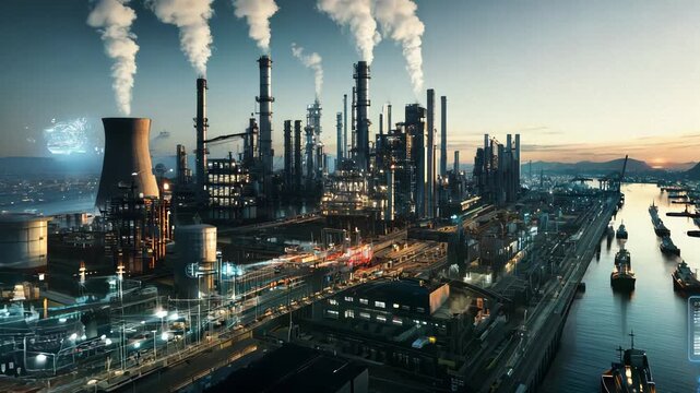 Industrial Complex at Sunset with Digital Overlay