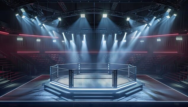 Empty Octagon Cage in a Dark Arena
