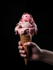 Midnight Cravings: Handheld Ice Cream Cone with Sprinkles on Black Background