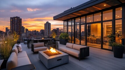 Rooftop terrace with panoramic city views. With outdoor furniture and a fire pit, the modern is a great spot for relaxation and social gatherings.
