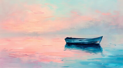 Fototapeta premium A small boat floating on the calm sea, surrounded by soft pastel colors of pink and blue sky at dusk, creating an atmosphere of tranquility and romance. 