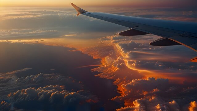 Paisaje de nubes al atardecer visto desde la ventana de un avion 