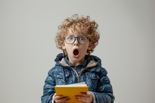 Surprised Little Boy In Glasses Reading Shoking Book, Elementary School Student, Education Concept
