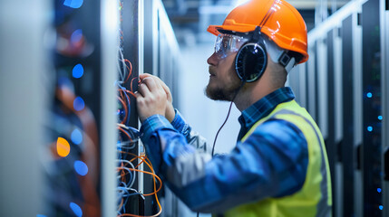 Technician working on server cables in data center, wearing safety vest and headset focus on modern technology and meticulous maintenance
