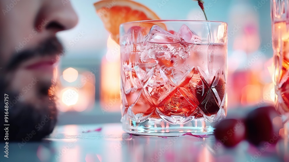 Wall mural a man sits at a table with a glass of ice and a cherry on the side